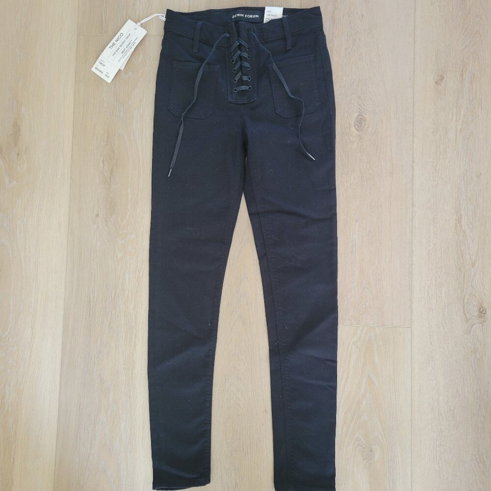 Black skinny crop jeans with lace tie up fly